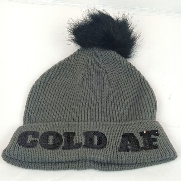 Women's gray knit beanie with black sequin letters and faux fur pom - Picture 1 of 5